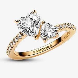 Authentic NEW Pandora Double Heart Sparkling Ring 14K YGP CZ